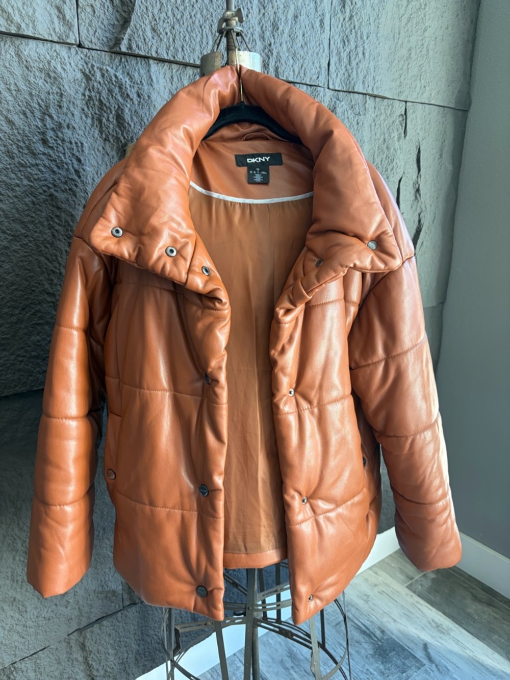 DKNY Tan Leather Quilted Puffer Jacket